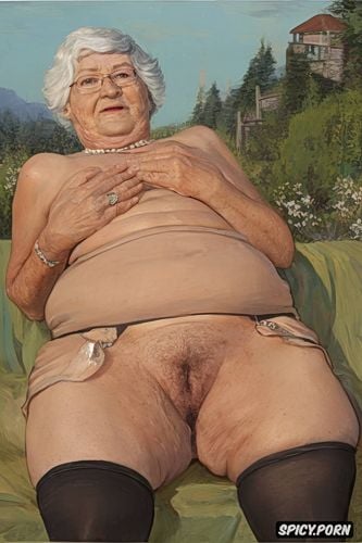 very fat granny lifted up dress, the very old fat grandmother skirt has nude pussy under her skirt