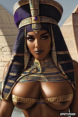 tits out, femal pharaoh ancient egypt egyptian pyramids pharoah crown royal robes beautiful face topless