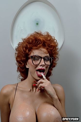 sperm on tongue, ahegao, massive glasses, cum on giant veiny tits