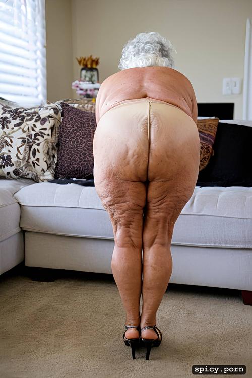 full shot, 80 years old, bending over, obese, with transparent oriental pants