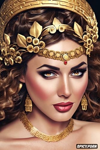 beautiful face portrait, golden greek wreath circlet, princess andromache