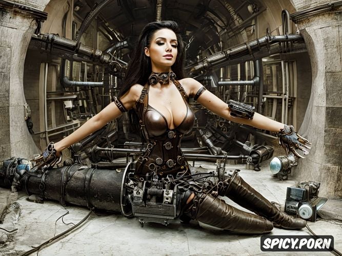 highres, cyborg, natural tits, steampunk, naked, steam engine