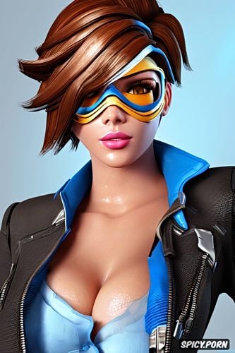 ultra detailed portrait, ultra realistic, tracer overwatch blue bolero jacket white shirt shirt unbuttoned beautiful face full lips milf