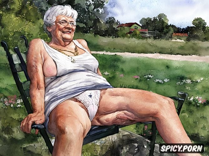88 years old fat grandma, upskirt, spreading legs, smile, big pussy