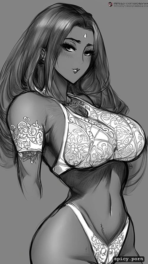 sketch, detailed face, intricate long hair, white crop top and underboob