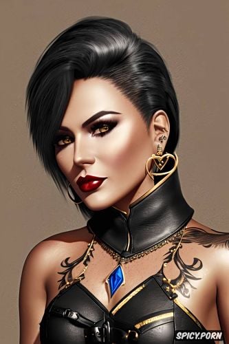 masterpiece, ashe overwatch beautiful face pirate wench tight low cut black leather corset black pirate jacket silver and gold pirate earrings and necklace tattoos milf