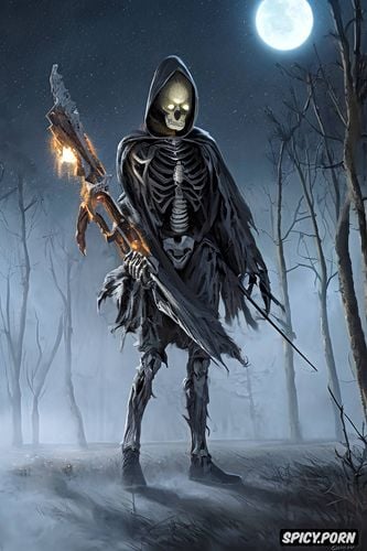 scary glowing grim reaper, some meters away, haunted clearing at night