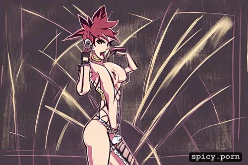 topless, mohawk, sticking tongue out, hands on hips, giving the finger