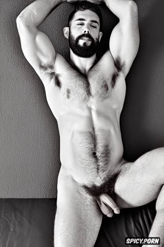 beefy, white guy, arms up, macho, big dick, muscular hairy chest