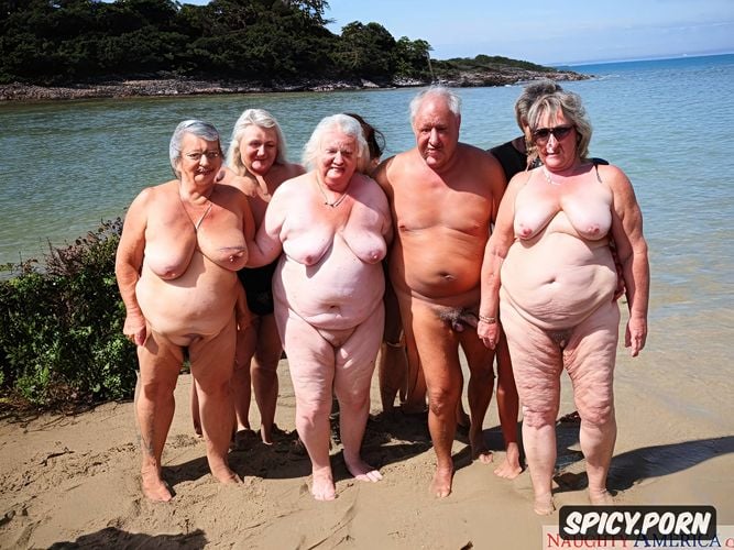 very hairy vagina, pretty faces, huge saggy boobs, fat naked grandpas and grandmas having a sex orgy on the beach