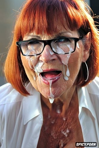 sitting seventy old bbw granny, porcelain skin, realised that she is took facial cumshot from man standing next her