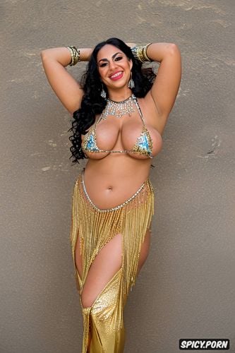 beautiful smiling face, gorgeous bellydancer, huge hanging hooters