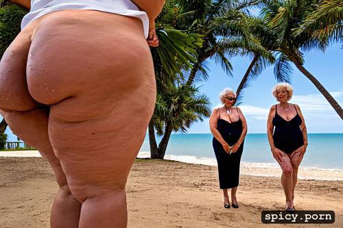 centered, outdoor, shaved pussy, four grannies standing at beach