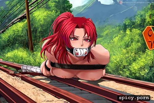 fit, slender, red hair, nude, gagged and bound to railroad tracks