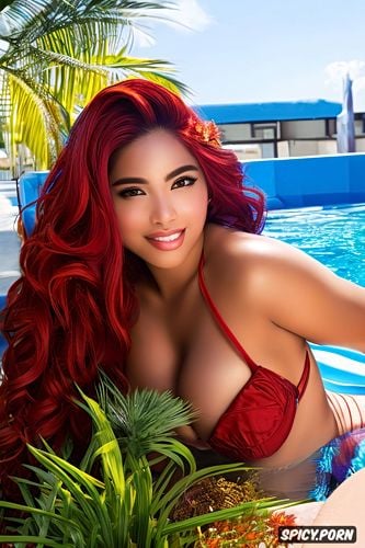 perfect body, red hair, stunning face, 21 years old, pool, happy face