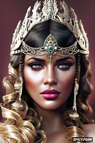 diadem, olive skin, arianne martell, high cheekbones, long soft dark black hair in curly ringlets