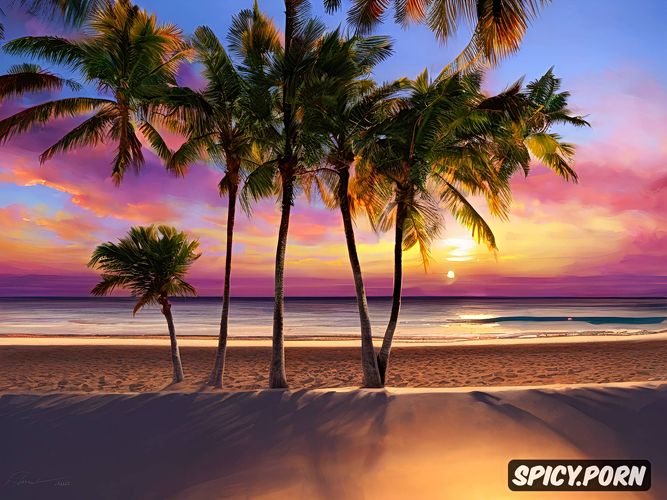 naked, palm island in the background, young lady, colorful sunset