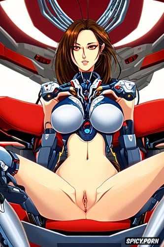cyborg, large perfect boobs, pussy spread open, sitting in robotic mind control chair