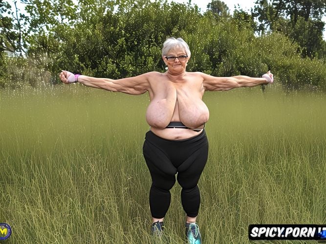 saggy breasts1 6, old woman1 4, thin waist1 5, sneakers on feet