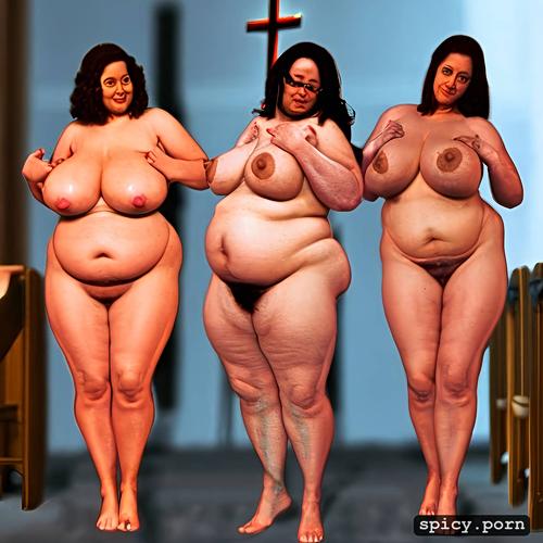 brown air, small breasts, thick hips, in church with other people
