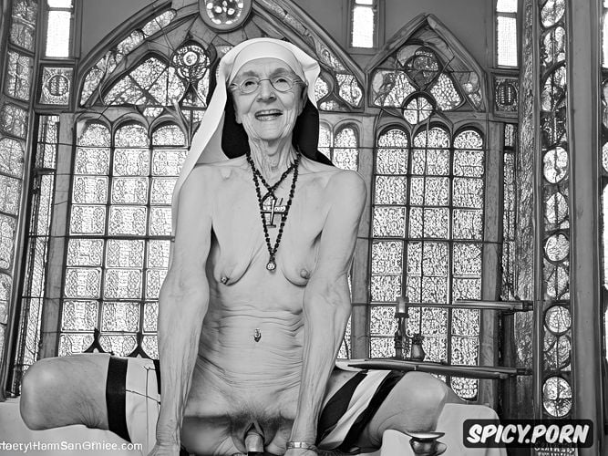 grey hair, holding small saggy breast, naked, cathedral, smiling glasses