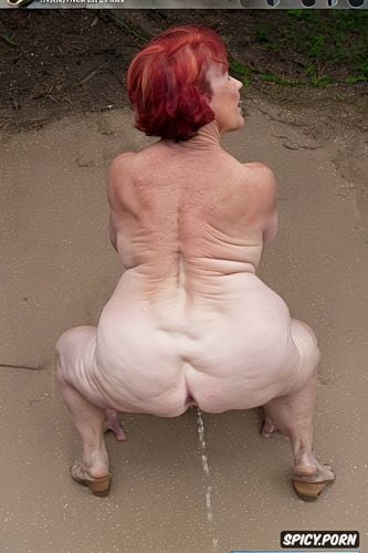 white granny, squatting, rear view, hyperrealistic pregnant pissing muscular thighs red bobcut haircut tanned