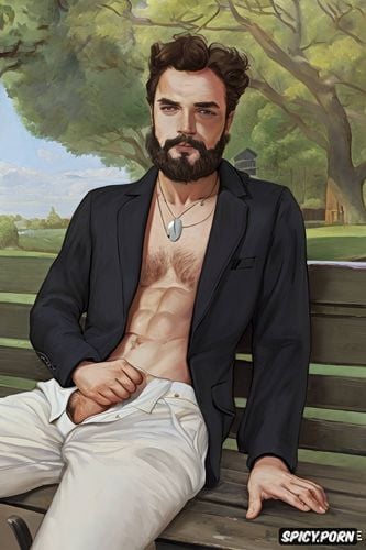 cézanne, hairy chest, muscular wide chest, sexy look, very handsome british rich man sitting on a park bench
