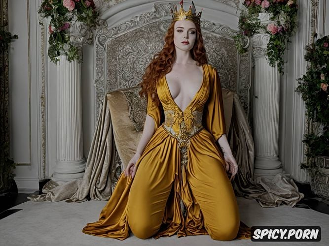 hard nipples, queen, bare breasts, crown, photo realistic, attendant kneeling between her legs