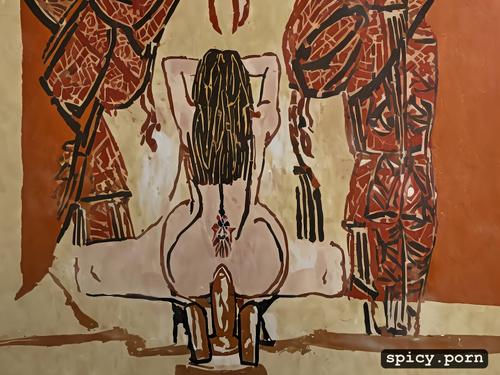 a depraved minoan queen with a lustful face, backside view, only one person
