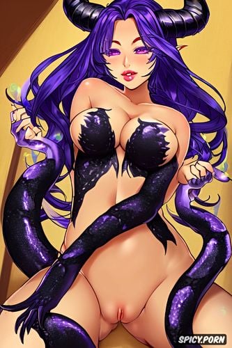 black demonic tail, nice natural boobs, well lighted room, purple hair