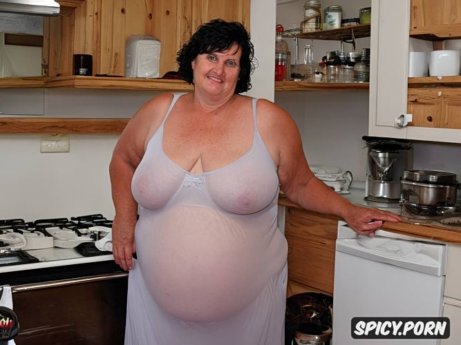 ssbbw fat loose skin, hairy pussy, kitchen, brunette, granny