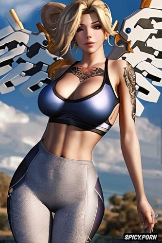 tattoos, mercy overwatch beautiful face full body shot, topless