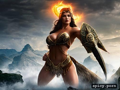 envision a portrait of a barbarian goddess, her muscular form echoing a lifetime of heroic battles rendered in a style reminiscent of frank frazetta s realistic fantasy art