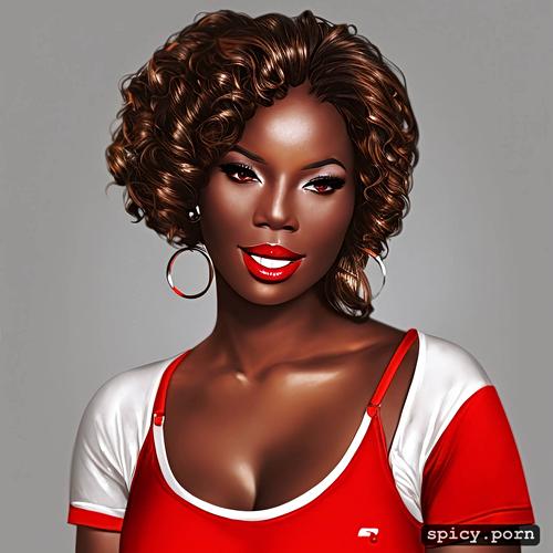 an ebony woman wearing a white t shirt, t shirt red logo sun