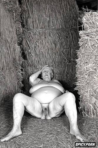 chubby, 98 years old, in hay field, very big saggy long hanging empty breasts