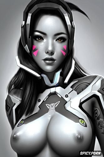topless, ultra realistic, ultra detailed, tattoos, d va overwatch beautiful face full body shot