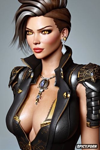 masterpiece, tracer overwatch beautiful face pirate wench tight low cut black leather corset black pirate jacket silver and gold pirate earrings and necklace tattoos milf