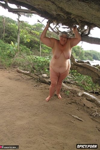 ssbbw, naked fat short woman standing at nudist beach, dangling belly s skin