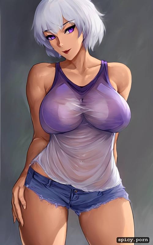 3dt, tanktop with underboob and short shorts, 91tdnepcwrer, purple eyes