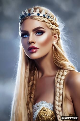 ultra realistic, 8k shot on canon dslr, ultra detailed, fantasy viking queen beautiful face full lips pale skin long soft dirty blonde hair in a braid diadem full body shot