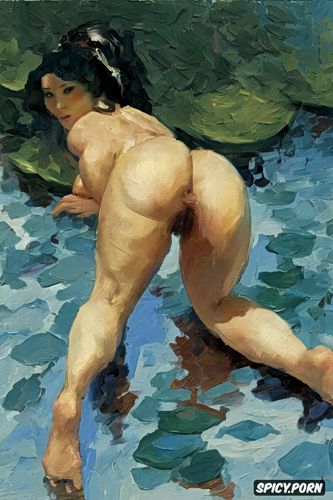 looking over her shoulder, like a dog, cézanne painting, small breasts