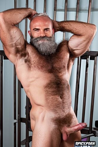 solo very hairy gay muscular old man with a big dick showing full body and perfect face beard showing hairy armpits wearing a police uniform beefy body in a jail cell