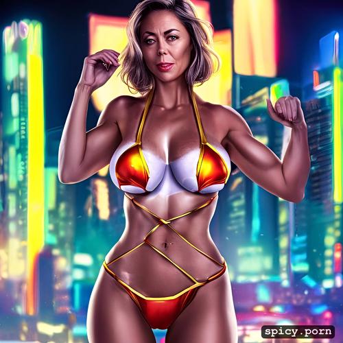 cyberpunk cityscape simetric, large nipples, realistic, tanlines