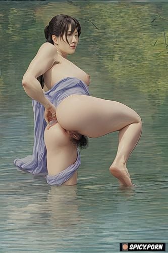japanese nude, portrait, foot, unveiling hair vagina, impressionism monet painting