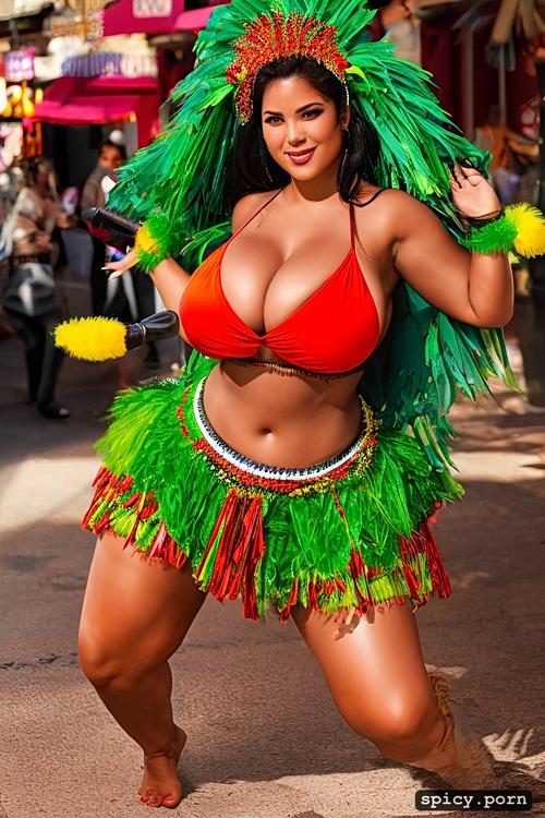 giant hanging boobs, color portrait, intricate beautiful hula dancing costume