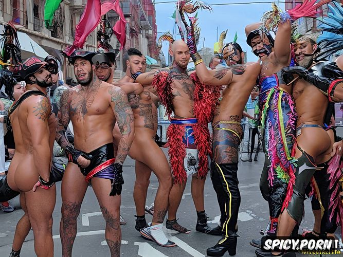 exotic carnaval costumes in the street, gay orgy at the gay parade at the old street in rio carnaval