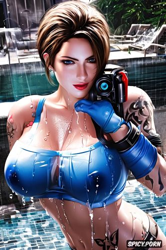 ultra detailed, ultra realistic, high resolution, jill valentine resident evil beautiful face young topless tits out wet tits tattoos masterpiece