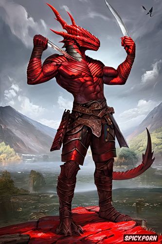 muscular build, large clit, red dragonborn, naked, scalie, seductive look