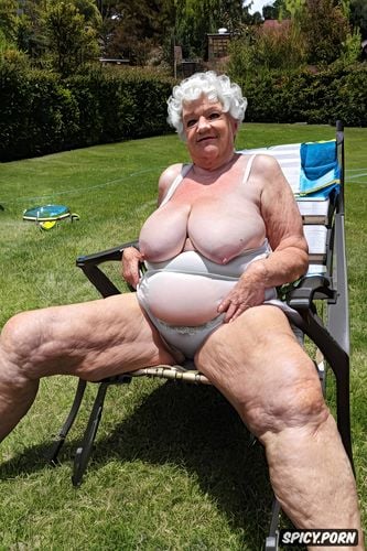 large fupa elderly, in lawn chair, very old, nude, granny, very big tits