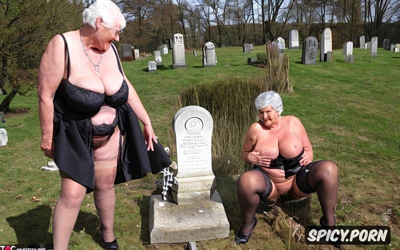 close up, ultra detailed pissing very old obese grannies on the grave